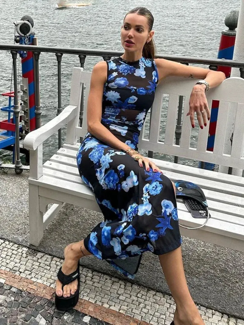 Territory 2024 Summer Blue Floral Printed Mid-calf Mesh Dresses for Women Sexy Elegant Sleeveless Bodycon See Through Slit Holiday Dress