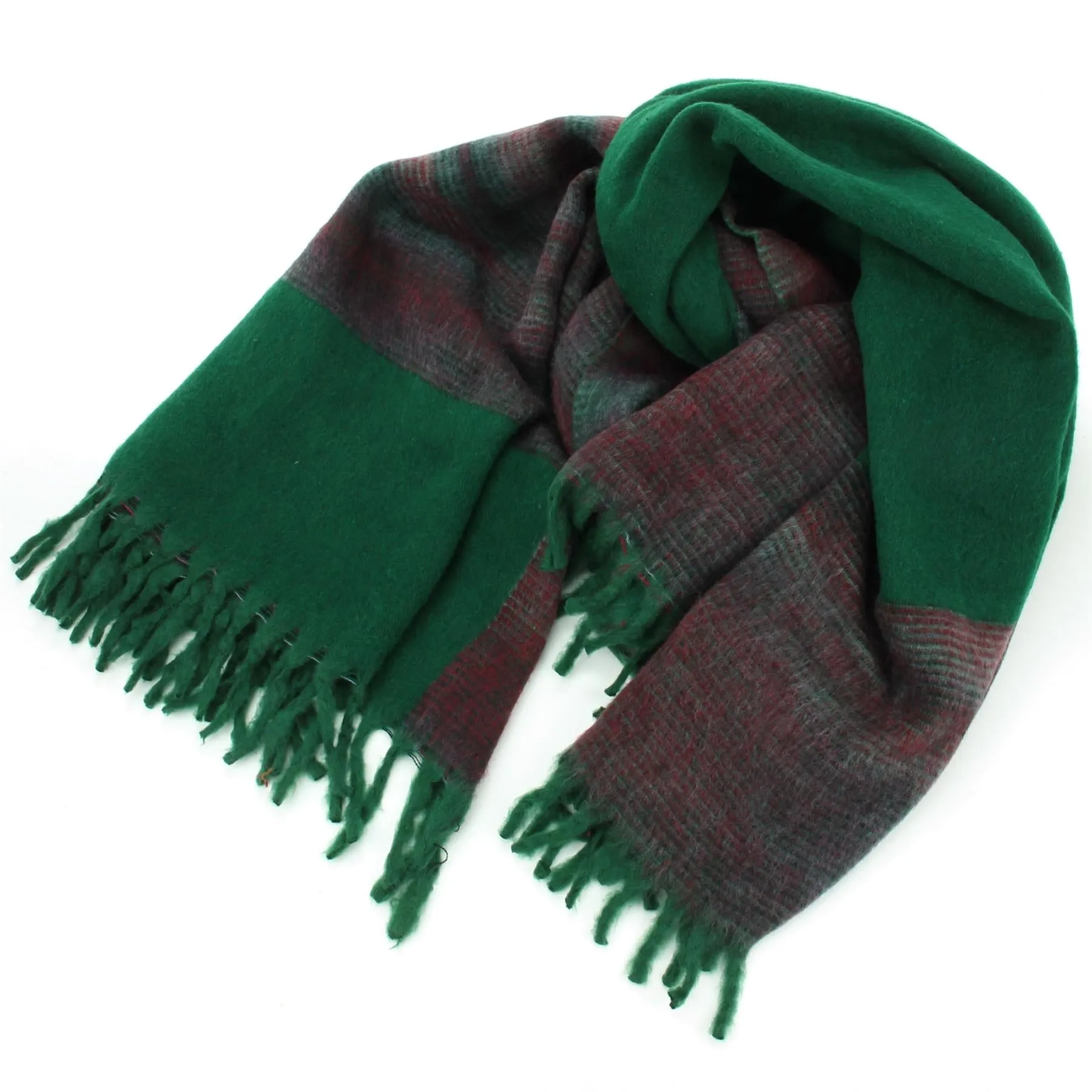 Tibetan Wool Blend Shawl Blanket - Green with Maroon & Grey Reverse