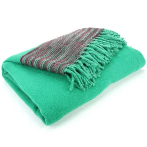 Tibetan Wool Blend Shawl Blanket - Light Green with Maroon & Grey Reverse