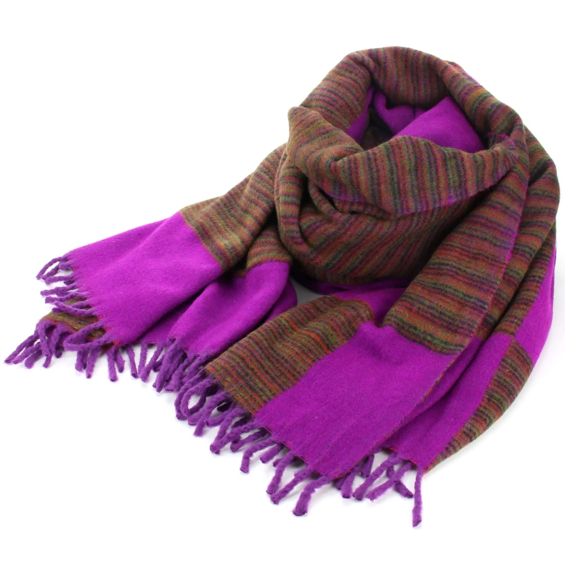 Tibetan Wool Blend Shawl Blanket - Plum with Green & Red Reverse