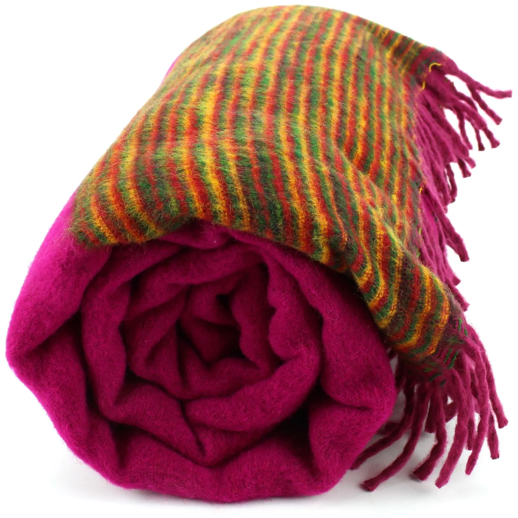 Tibetan Wool Blend Shawl Blanket - Plum with Green Sunset Reverse