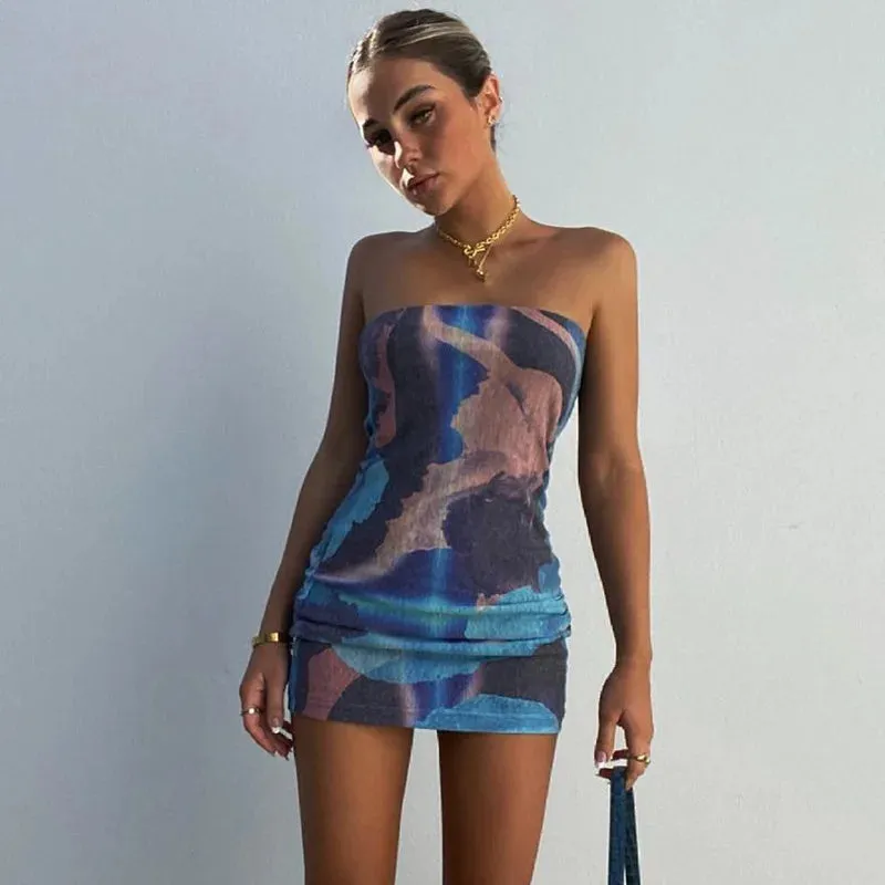 Tie Dye Tube Bodycon Streetwear Mini Dress for Summer Festival 2024