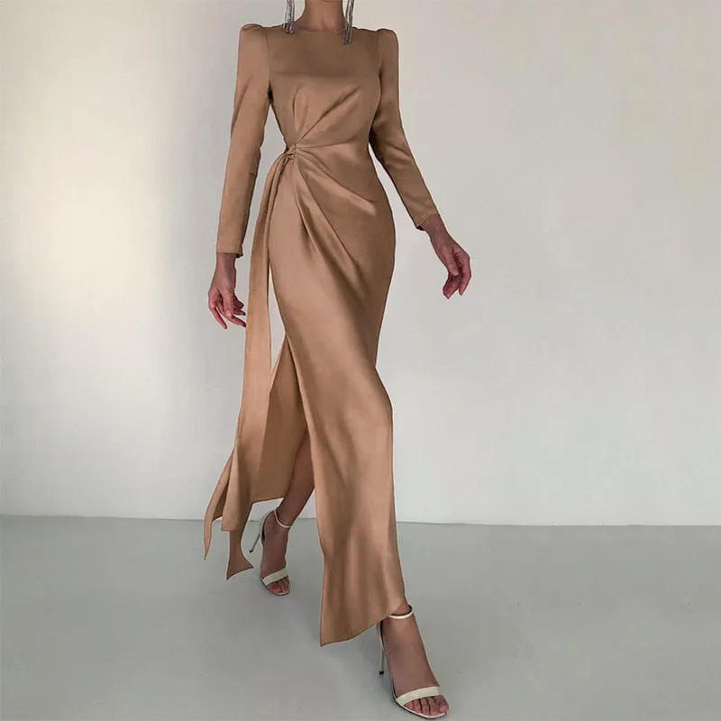 Toleet 2023 Autumn Winter Women Satin Puff Long Sleeve Side Slit Midi Dress Bodycon Ruched Patchwork Party Elegant Evening