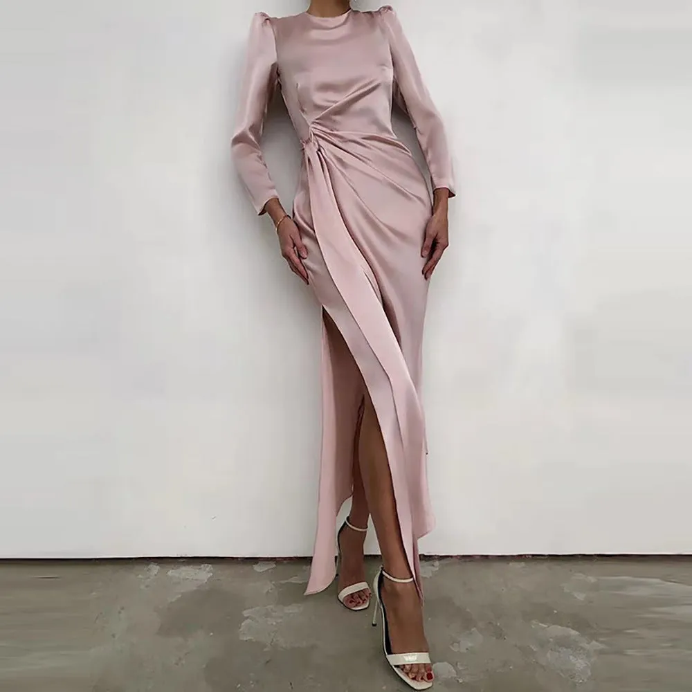 Toleet 2023 Autumn Winter Women Satin Puff Long Sleeve Side Slit Midi Dress Bodycon Ruched Patchwork Party Elegant Evening