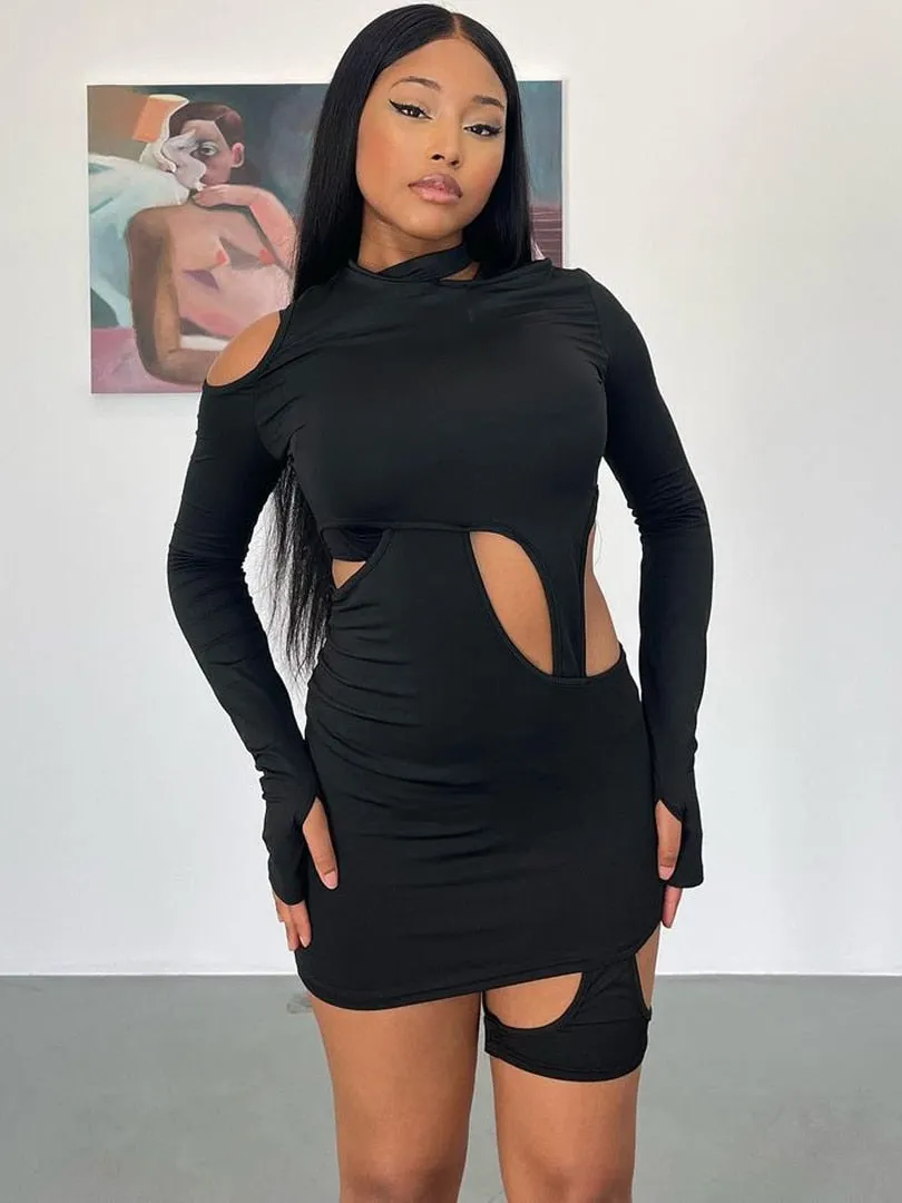 Toleet autumn Sexy Y2K Clothes Hollow Out Long Sleeve Irregular Bodycon Mini Dress For Women 2023 Club Party Streetwear Outfits