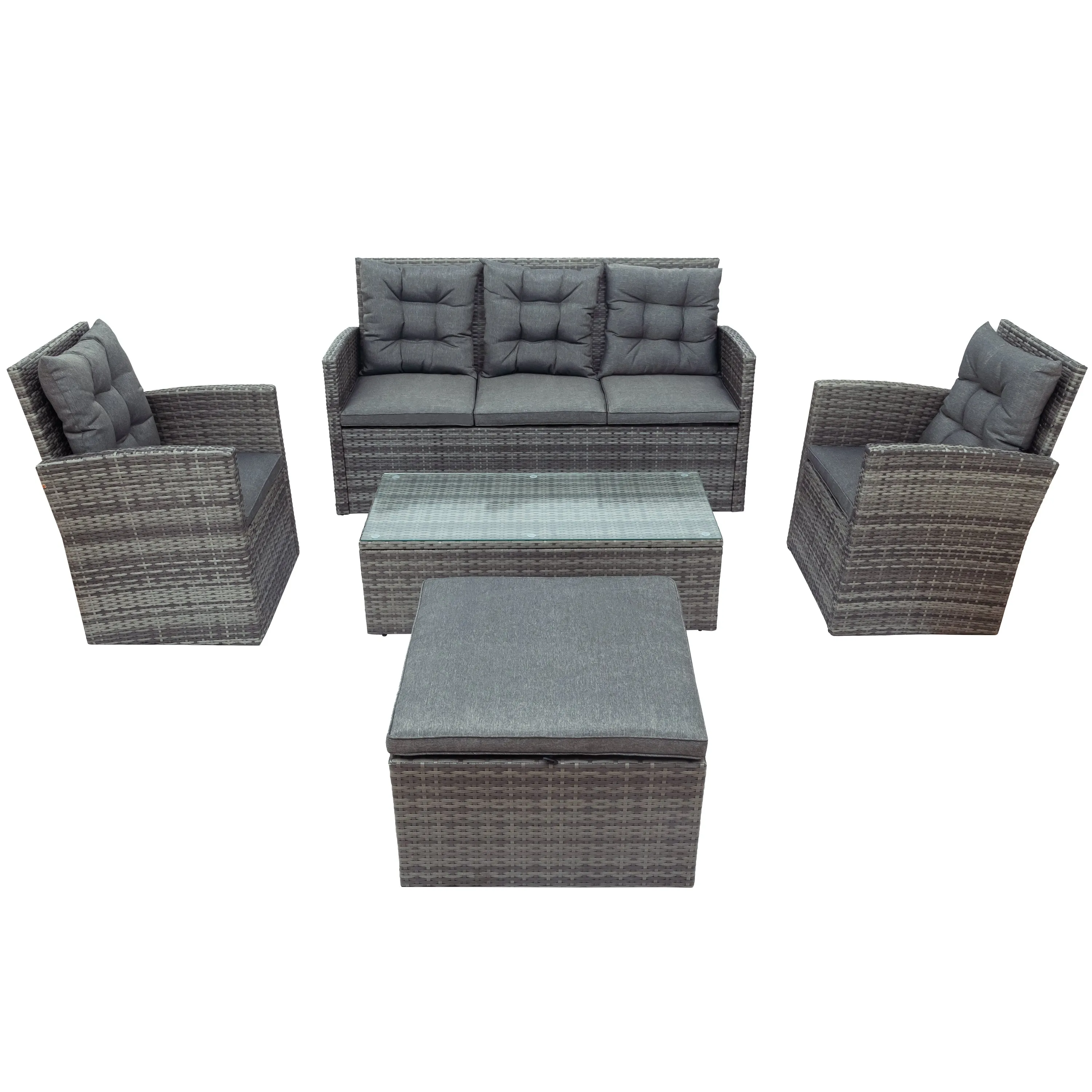 TOPMAX 5-piece Outdoor UV-Resistant Patio Sofa Set with Storage Bench All Weather PE Wicker Furniture Coversation Set with Glass Table, Gray