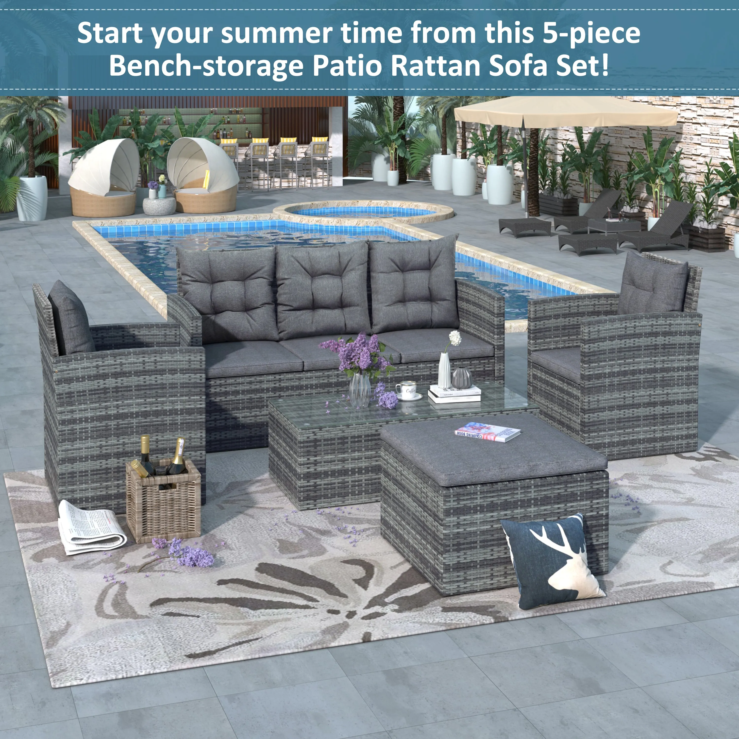 TOPMAX 5-piece Outdoor UV-Resistant Patio Sofa Set with Storage Bench All Weather PE Wicker Furniture Coversation Set with Glass Table, Gray