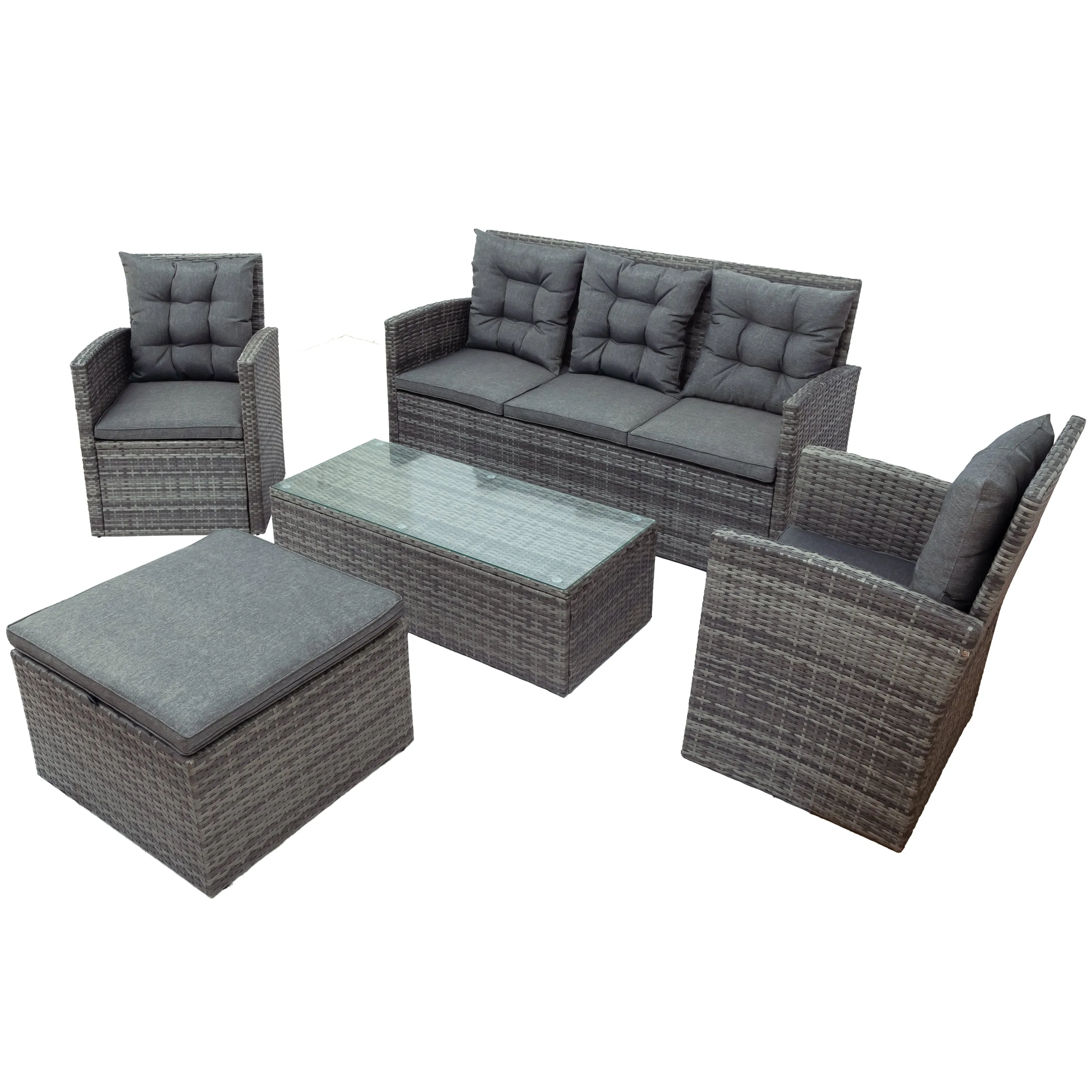 TOPMAX 5-piece Outdoor UV-Resistant Patio Sofa Set with Storage Bench All Weather PE Wicker Furniture Coversation Set with Glass Table, Gray