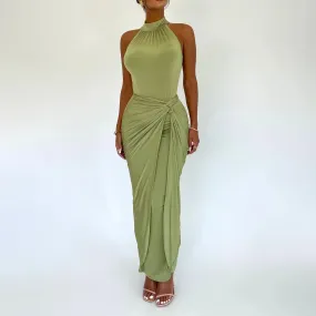 Twist Front Solid Color Mock Neck Sleeveless Bodycon Long Evening Gown Aesthetic Streetwear Summer Y2k Dress