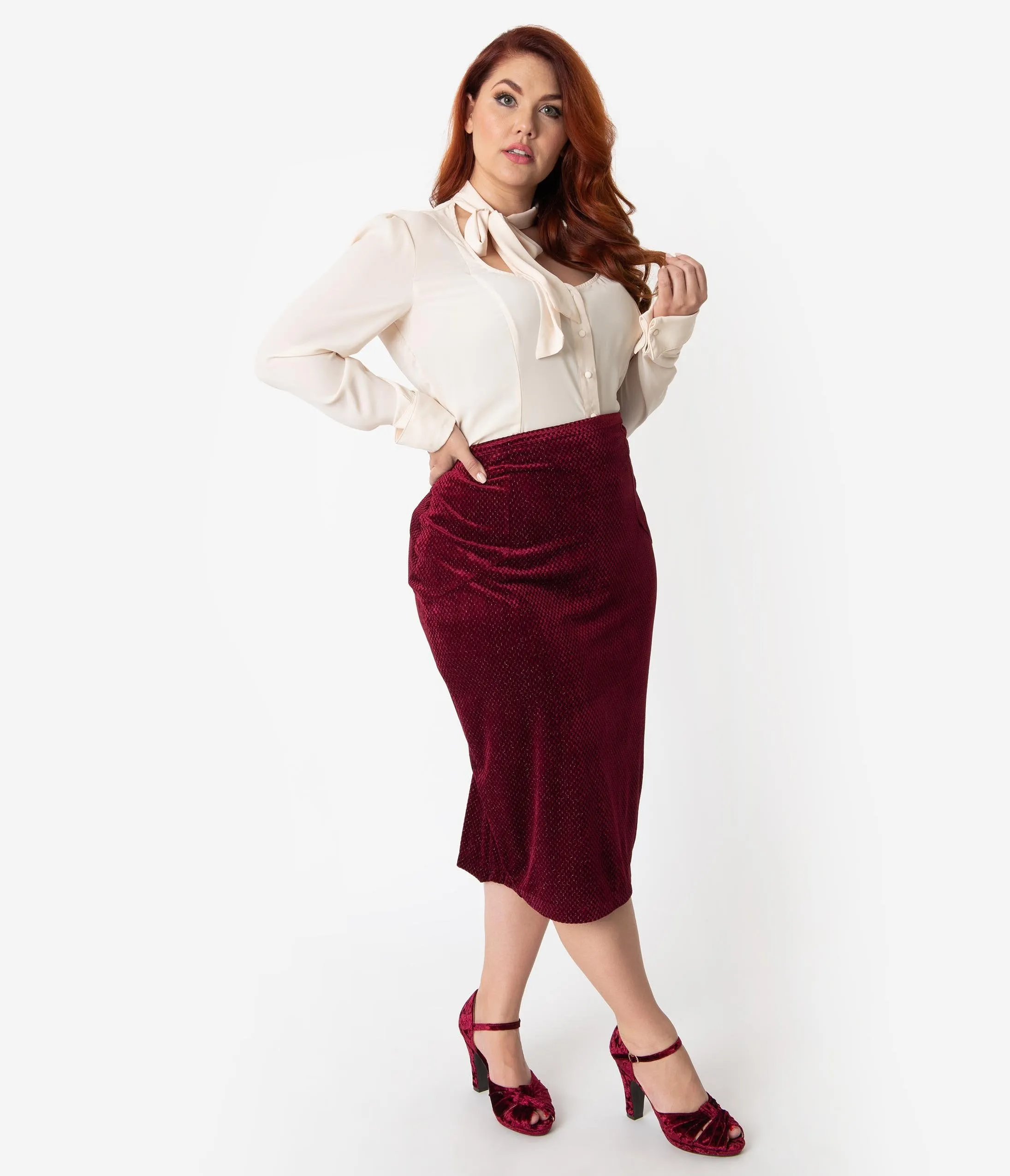 Unique Vintage Plus Size Burgundy Embossed Velvet High Waist Tracy Wiggle Skirt