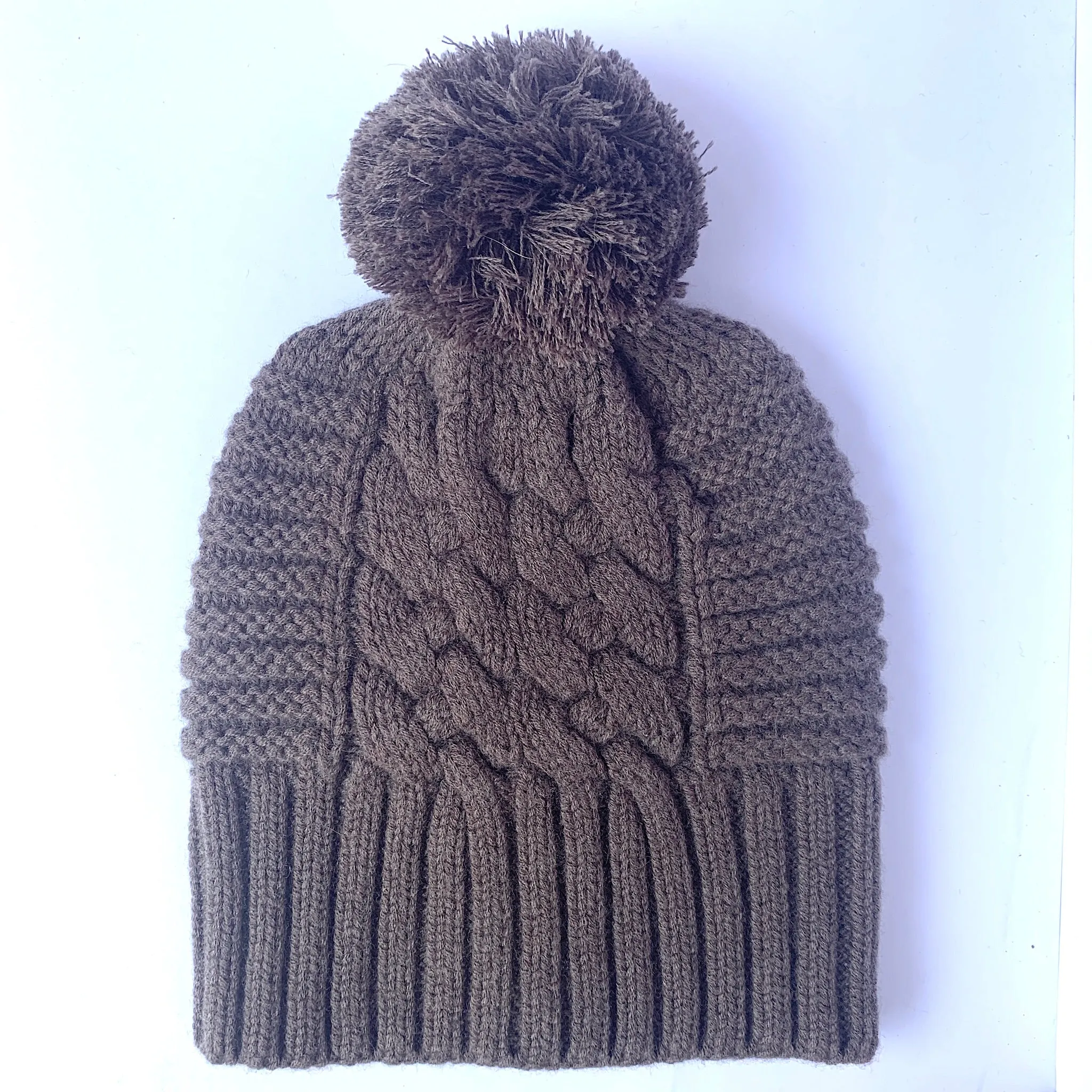 UP for ANYTHING 100% Pure Merino Wool Jumbo Cable & Fancy Rib Beanie with detachable Merino Wool Pom Pom, Charlie Brown