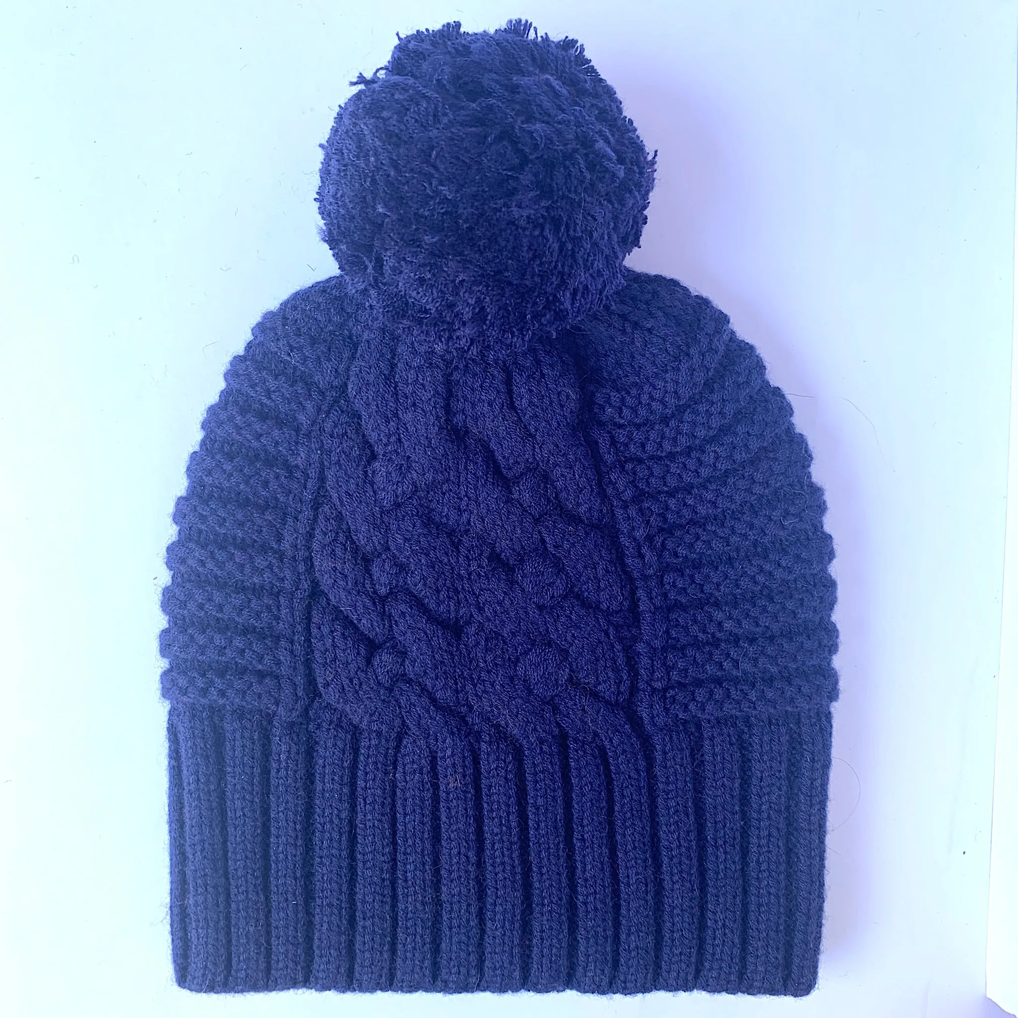 UP for ANYTHING 100% Pure Merino Wool Jumbo Cable & Fancy Rib Beanie with detachable Merino Wool Pom Pom, Dark Denim Blue