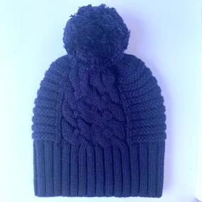 UP for ANYTHING 100% Pure Merino Wool Jumbo Cable & Fancy Rib Beanie with detachable Merino Wool Pom Pom, Dark Denim Blue