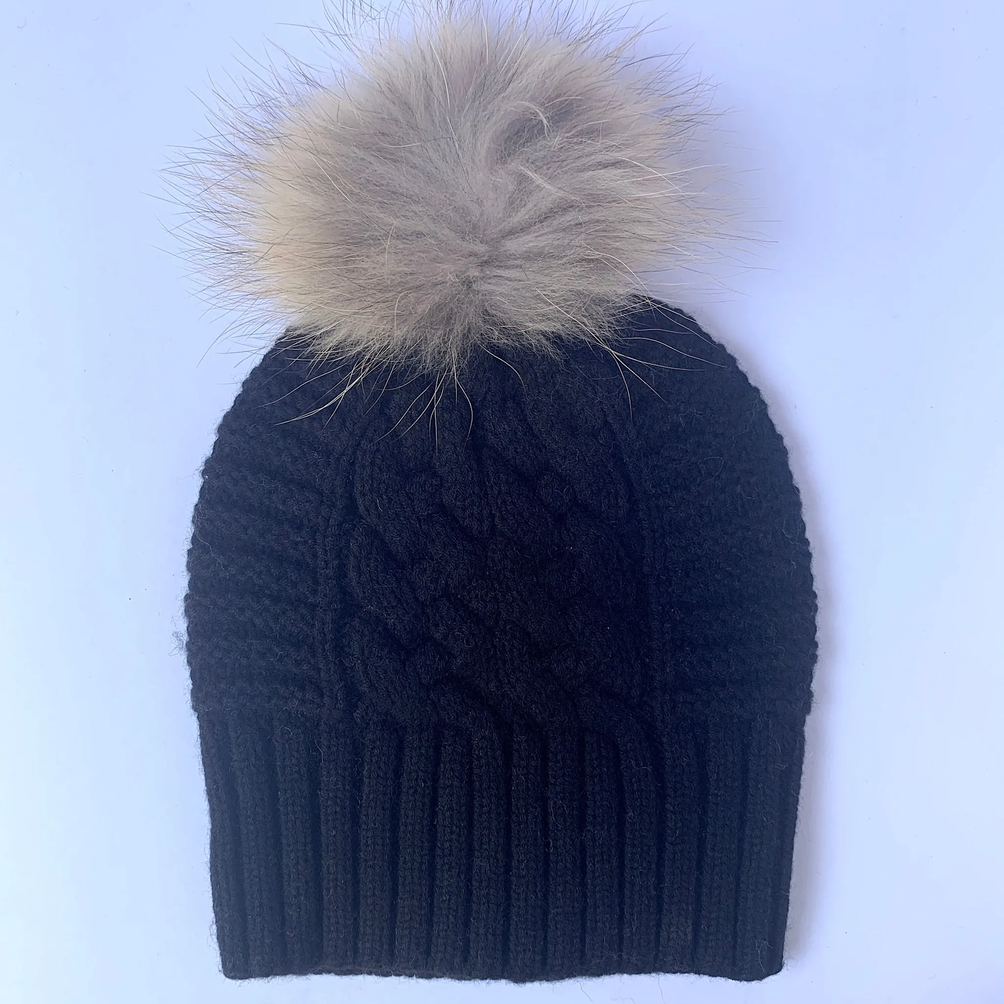 UP for ANYTHING 100% Pure Merino Wool Jumbo Cable & Fancy Rib Beanie with detachable Raccoon Fur Pom Pom, Jett Black