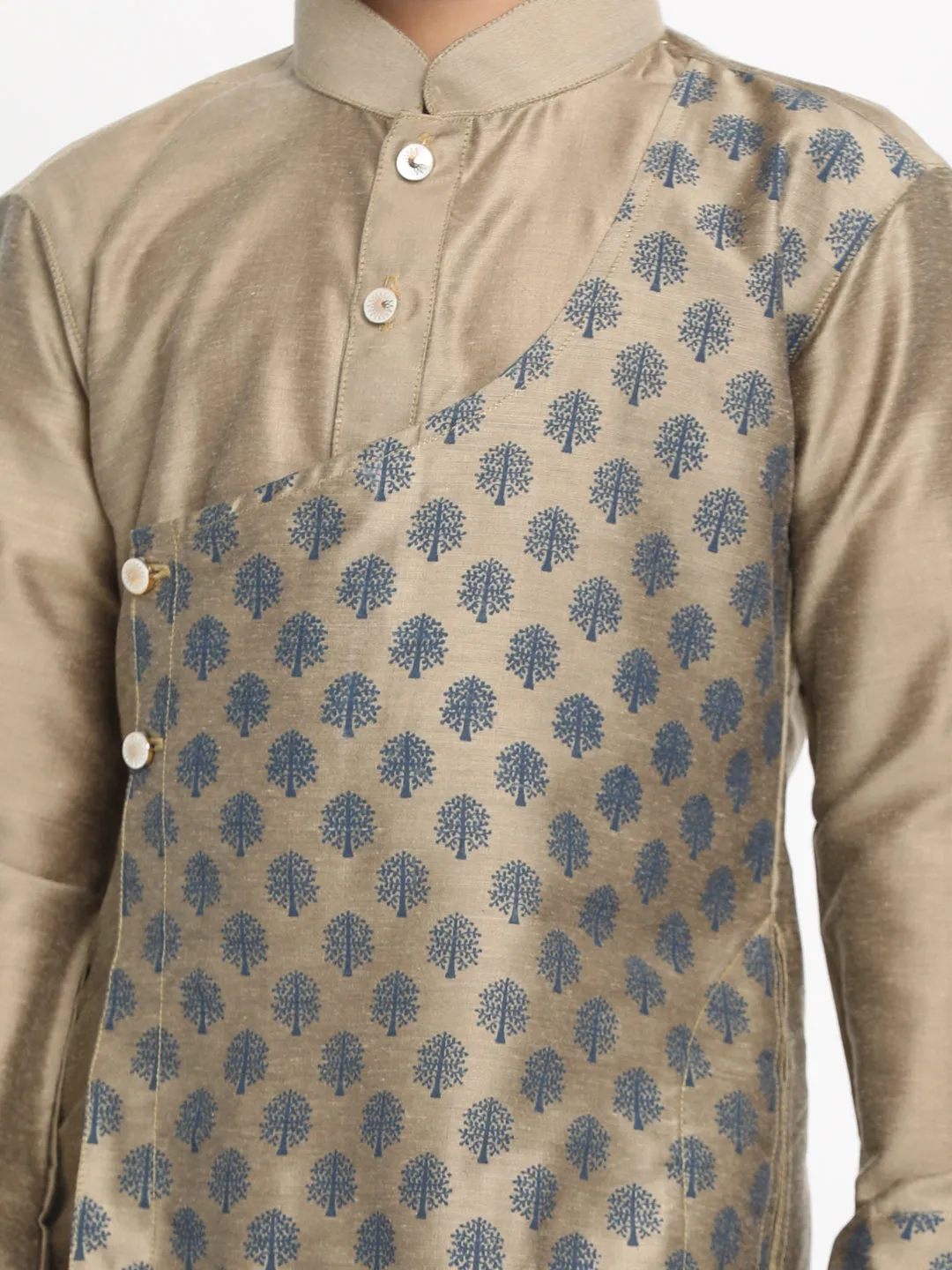 Vastramay Baap Beta Chiku Silk Blend Printed Angrakha Design Kurta Pyjama Set