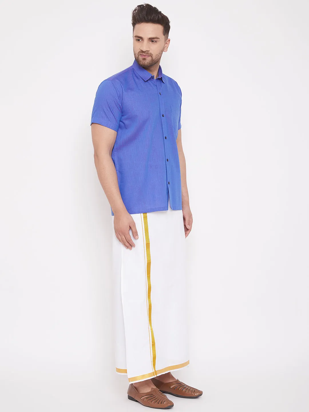 Vastramay Blue and White Cotton Blend Baap Beta Ethnic Shirt And Mundu Set