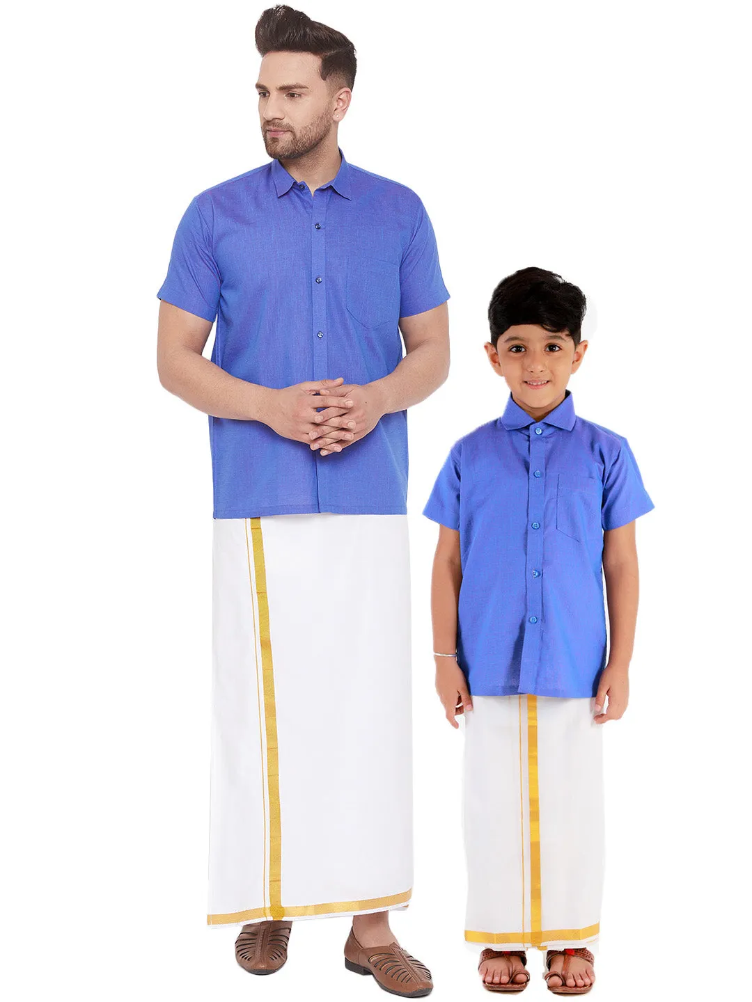 Vastramay Blue and White Cotton Blend Baap Beta Ethnic Shirt And Mundu Set