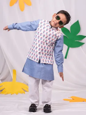 VASTRAMAY Boy's Beige Printed Jacket With Grey Kurta Pyjama Set