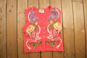 Vintage 1990s Susan Bristol Floral Themed Knitted Sweater Vest