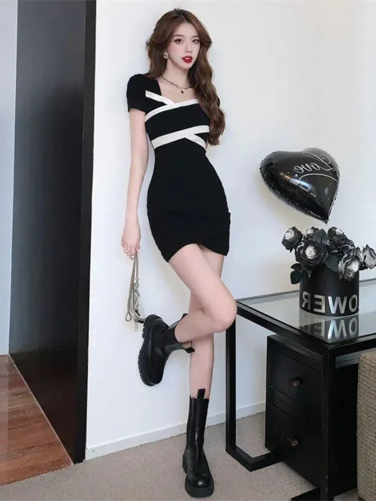 Vintage Sexy Black Bodycon Mini Dress Women Korean Style Kpop Streetwear Square Collar Short Dresses Summer Spring