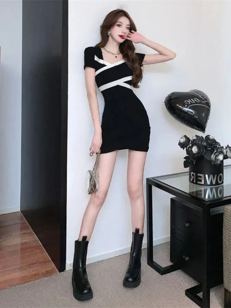 Vintage Sexy Black Bodycon Mini Dress Women Korean Style Kpop Streetwear Square Collar Short Dresses Summer Spring