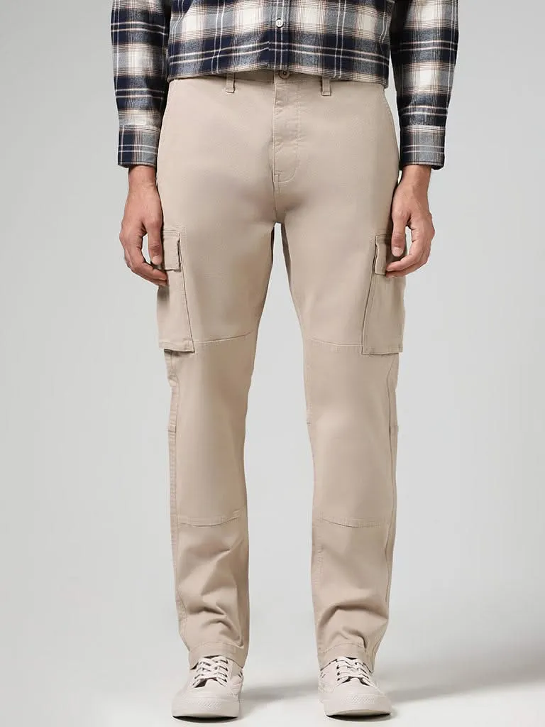 WES Casuals Solid Beige Cotton Blend Relaxed-Fit Mid-Rise Cargo Pants