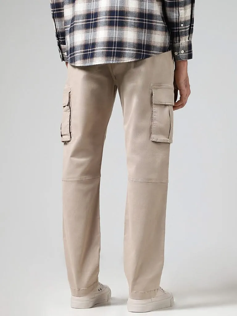 WES Casuals Solid Beige Cotton Blend Relaxed-Fit Mid-Rise Cargo Pants