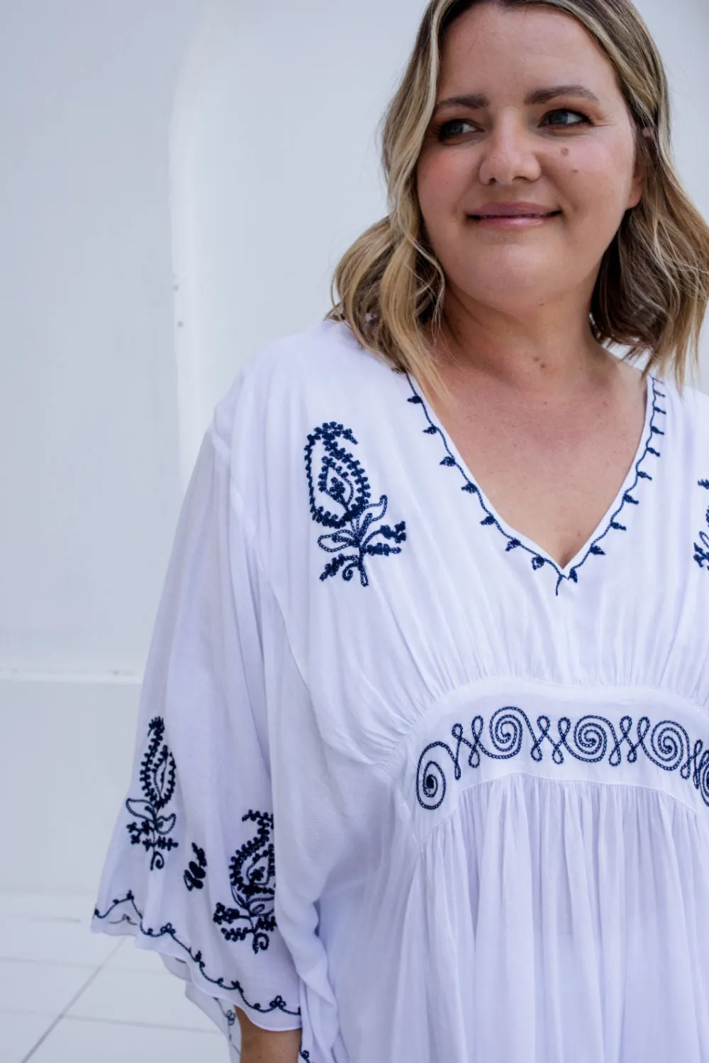 White Kaftan Top - Black Embroidery