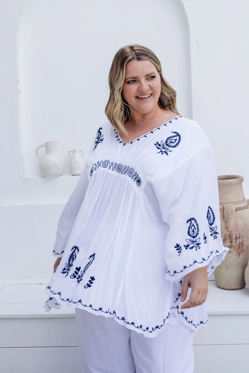 White Kaftan Top - Black Embroidery