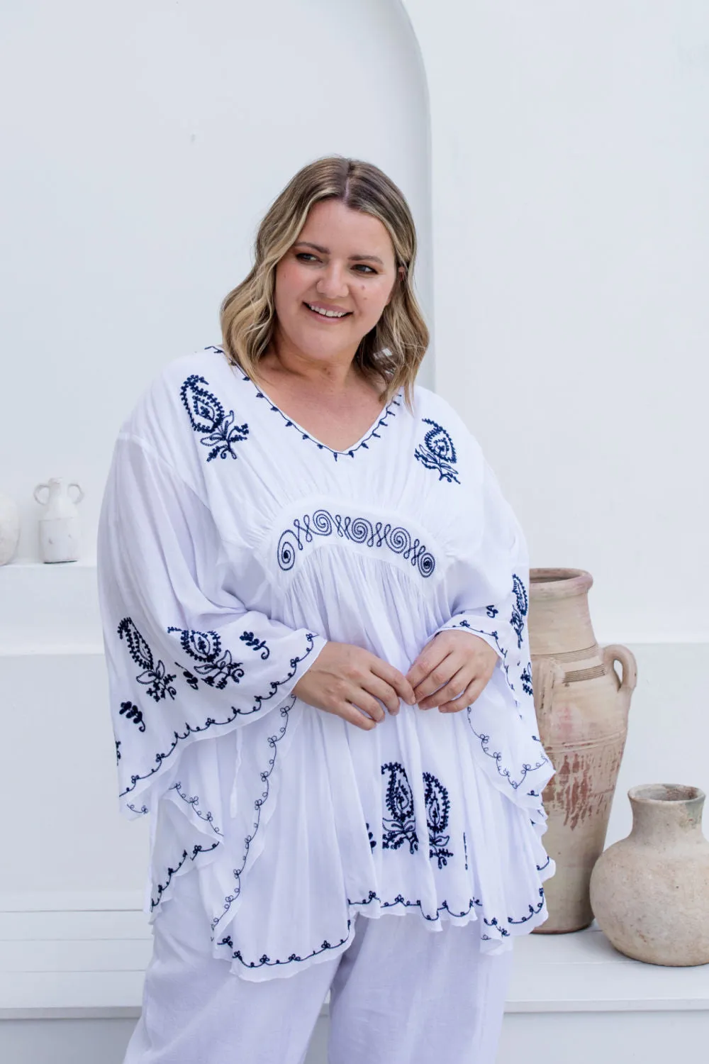 White Kaftan Top - Black Embroidery