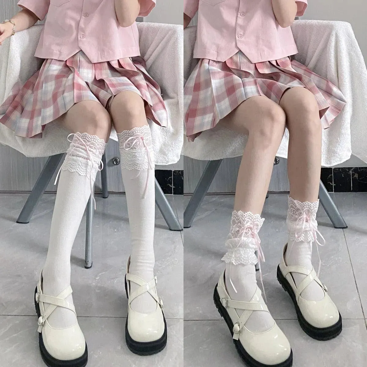 White Lolita Socks with Ribbon | Trim Knee High Stockings