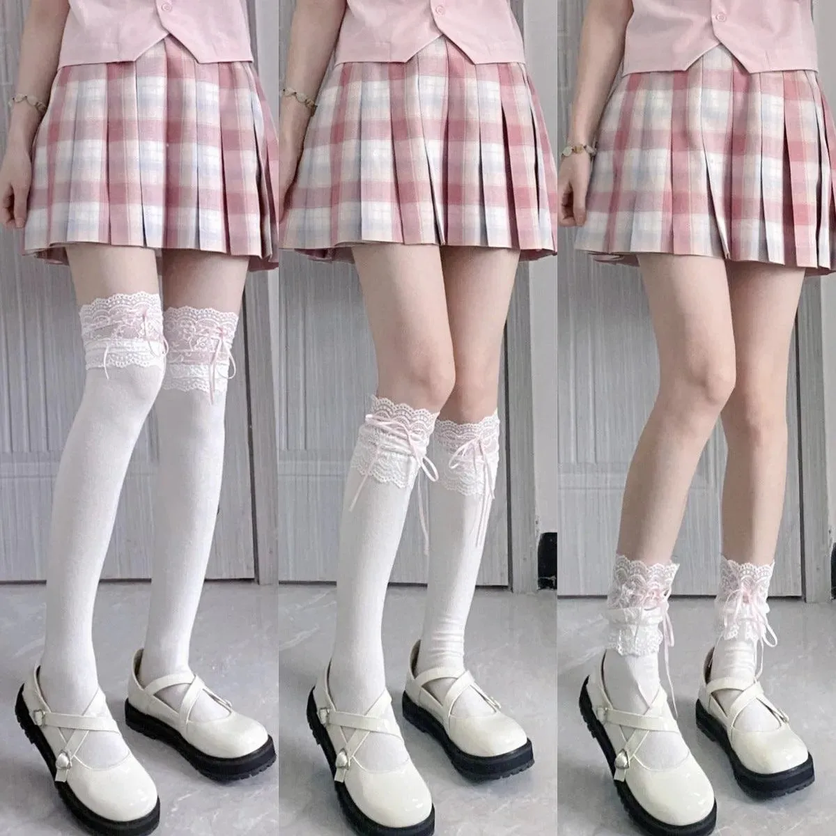 White Lolita Socks with Ribbon | Trim Knee High Stockings