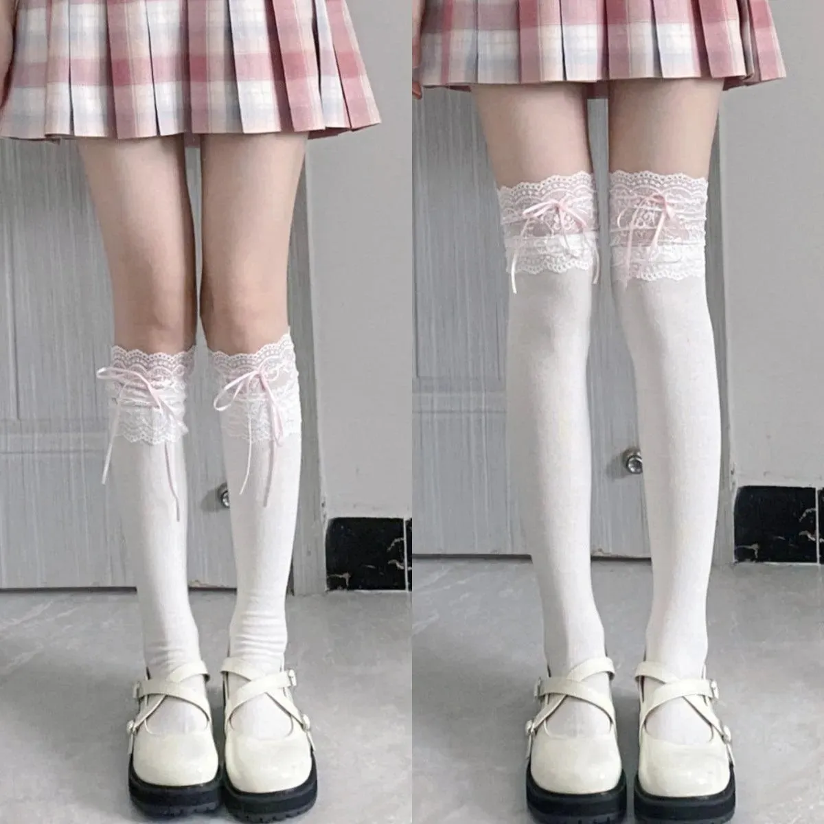 White Lolita Socks with Ribbon | Trim Knee High Stockings