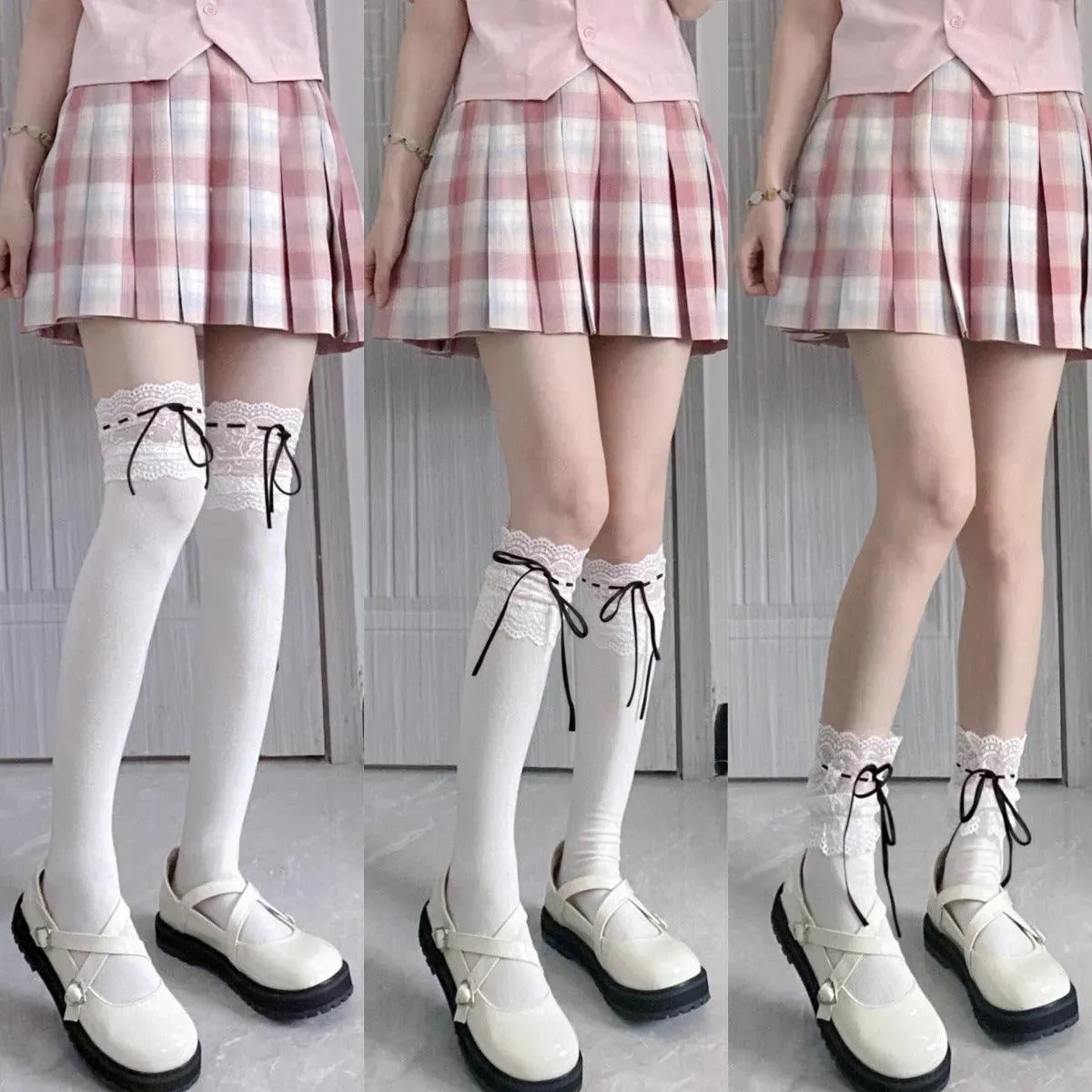 White Lolita Socks with Ribbon | Trim Knee High Stockings