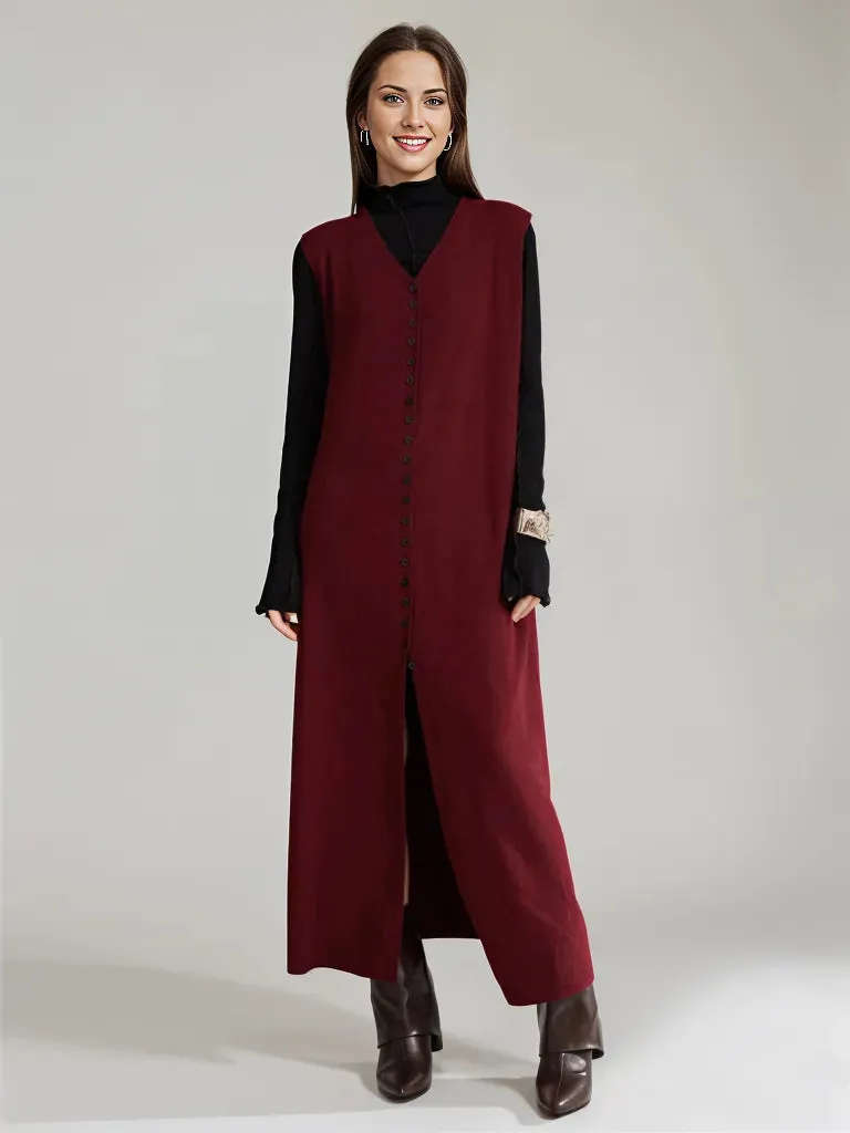 Wine Red Knitted Belted Longline Vest – Sophisticated Layering Essential