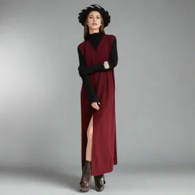 Wine Red Knitted Belted Longline Vest – Sophisticated Layering Essential