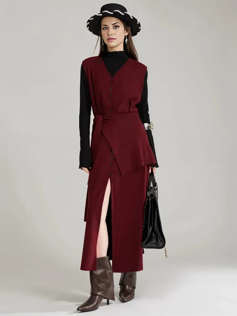 Wine Red Knitted Belted Longline Vest – Sophisticated Layering Essential