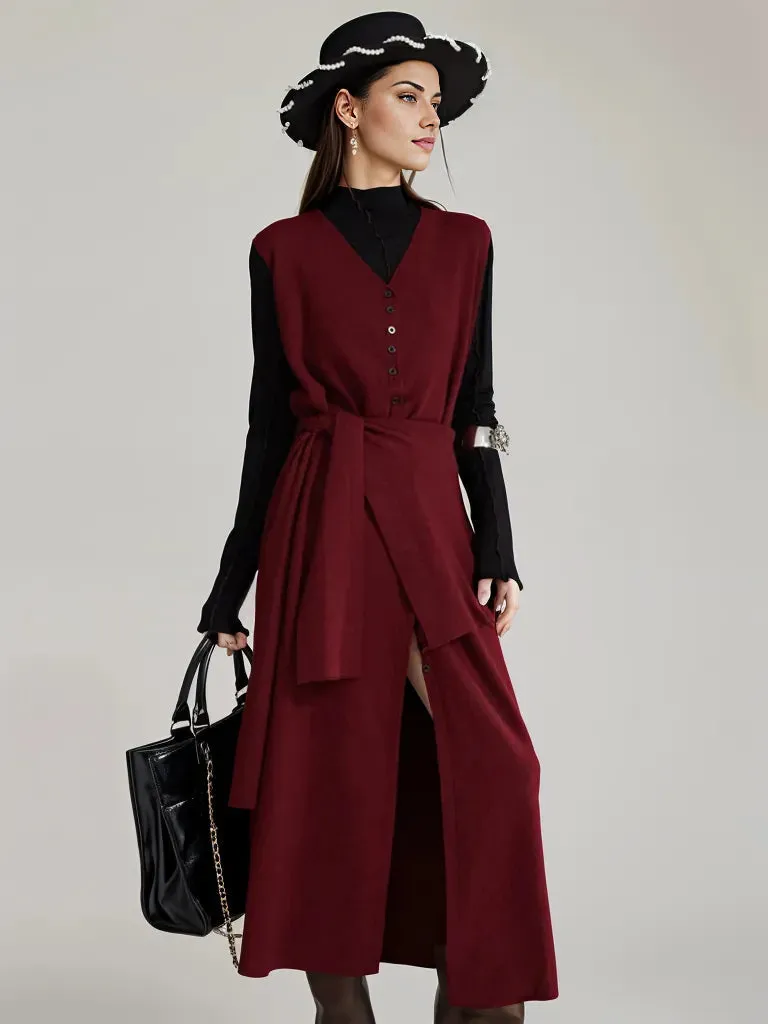 Wine Red Knitted Belted Longline Vest – Sophisticated Layering Essential