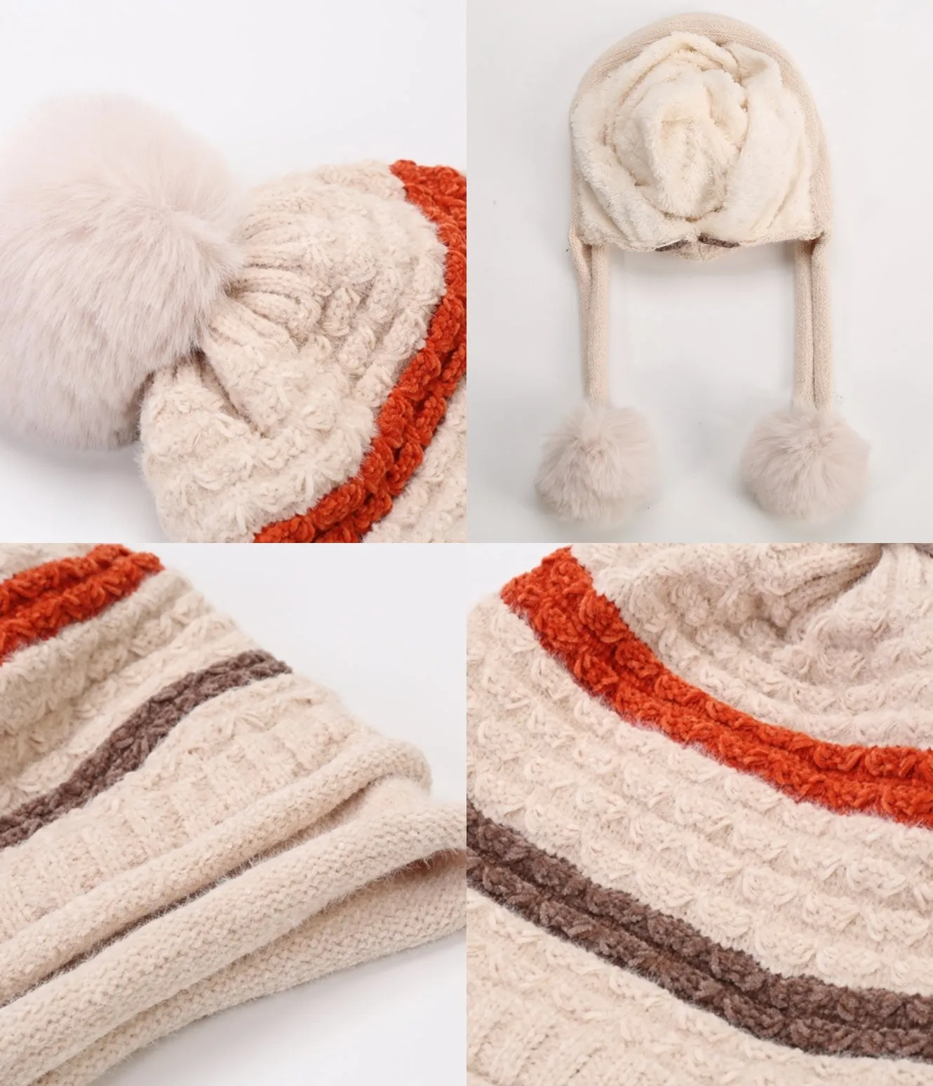 Winter Fleece Lining Soft Knit Beanie Hat Pom Earflaps YZ70080