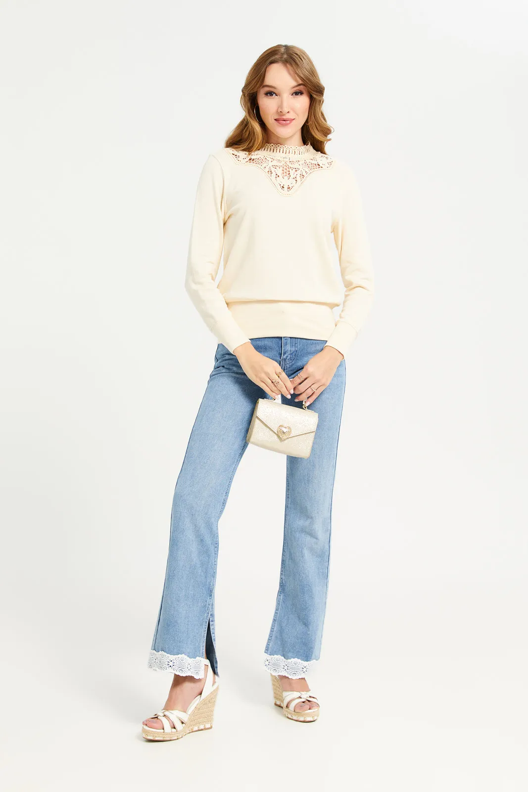 Women Beige Front Lace Sweatshirt