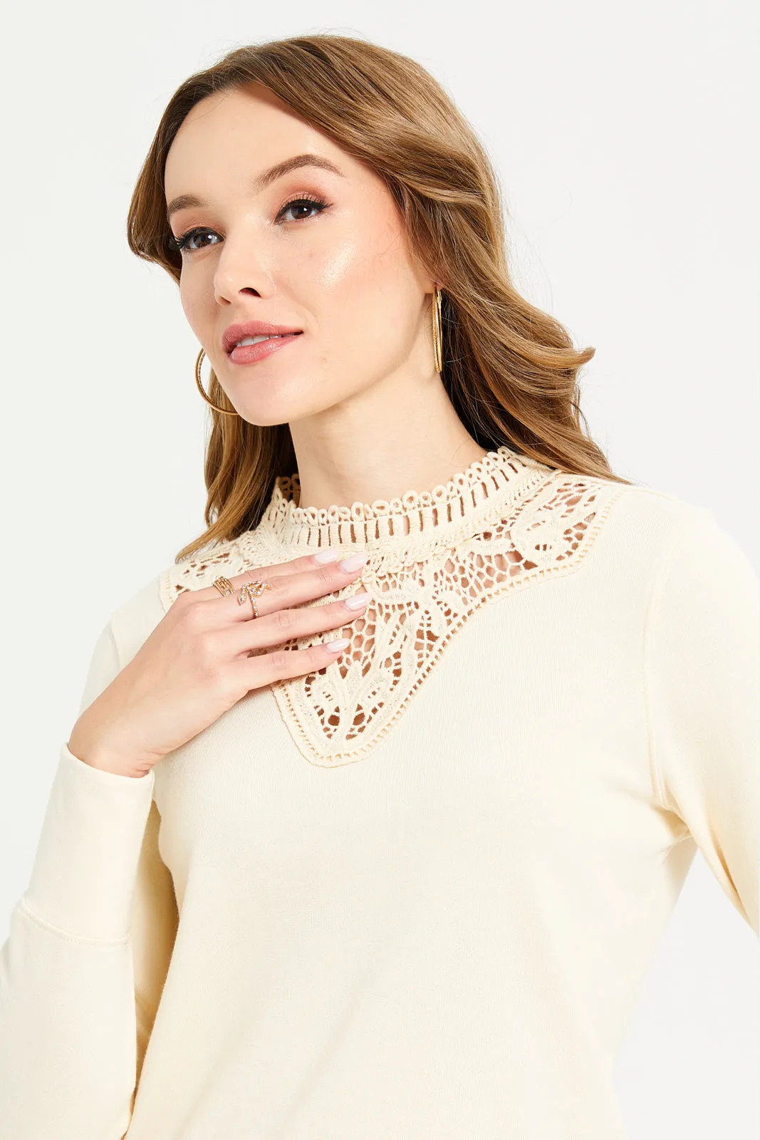 Women Beige Front Lace Sweatshirt