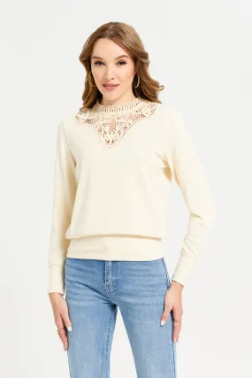 Women Beige Front Lace Sweatshirt