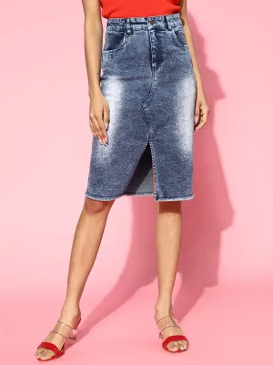 Women Blue Denim Front Slit Pencil Skirt