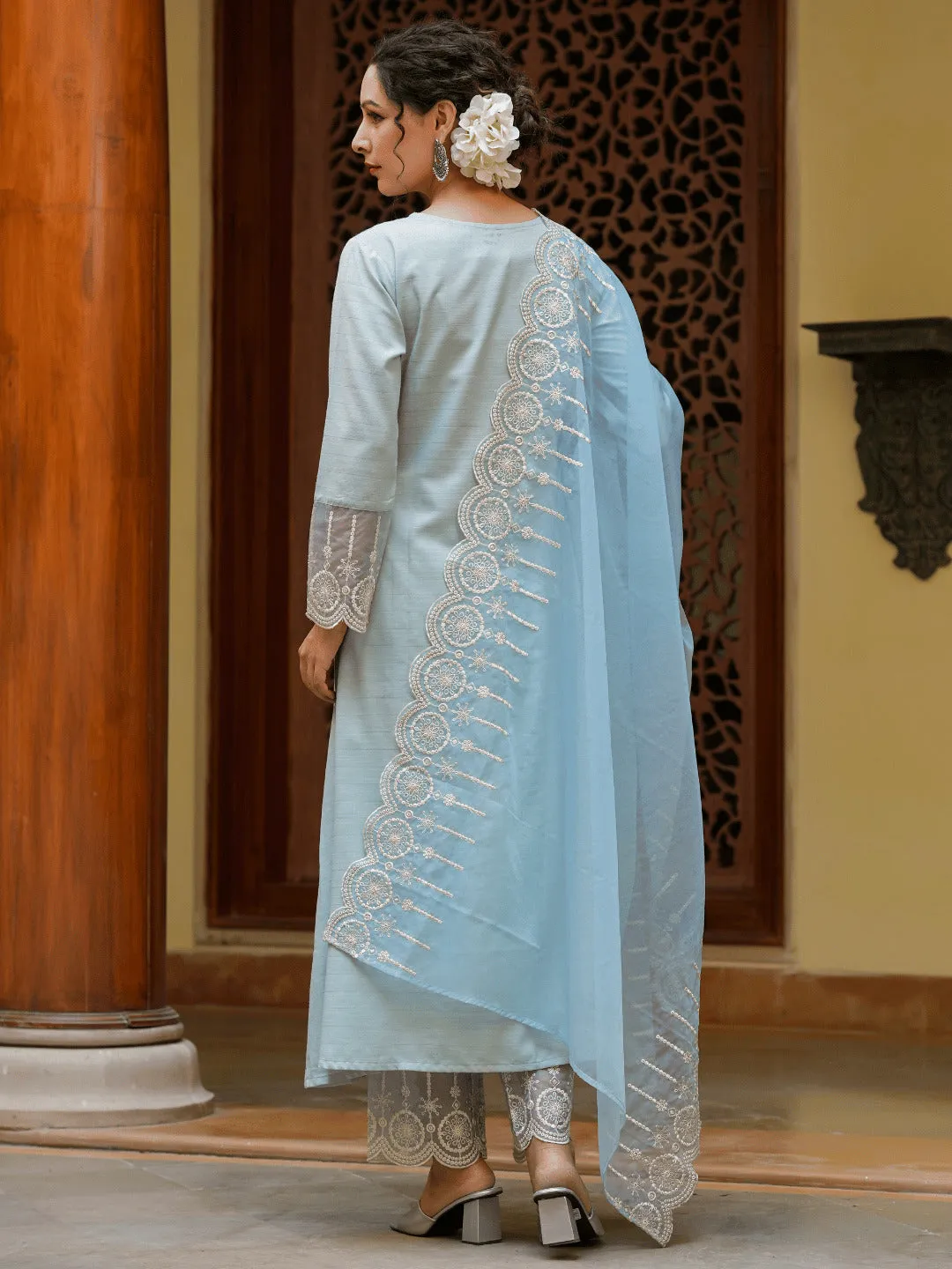 Women Blue Poly Silk Kurta Set With Dupatta