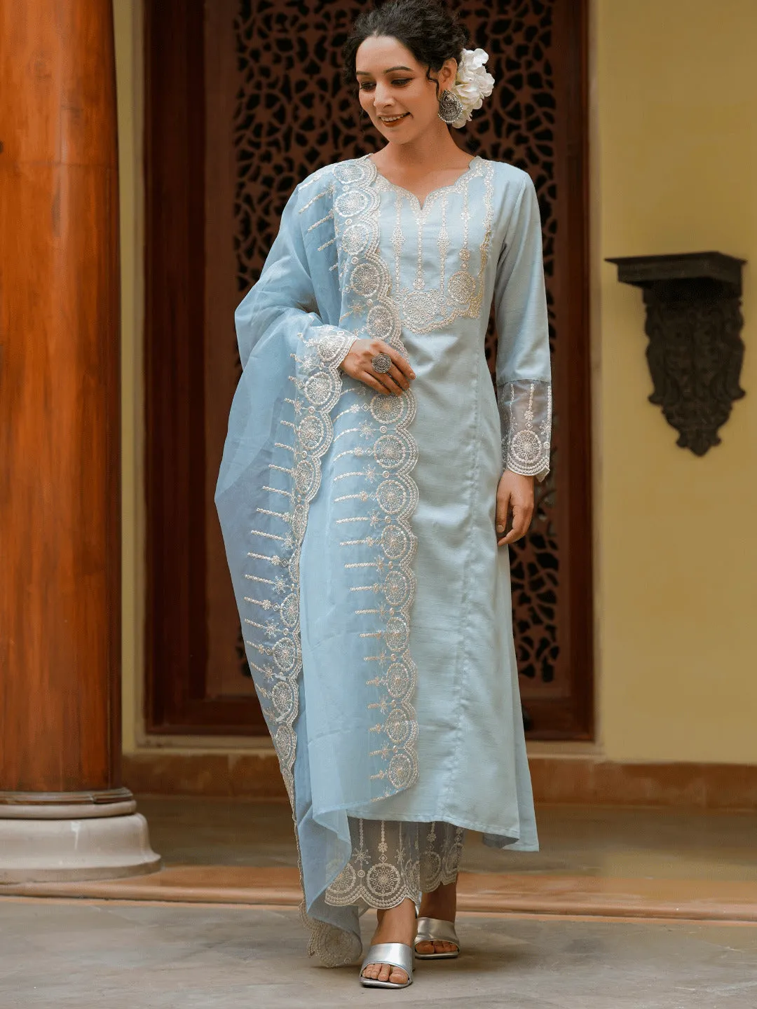 Women Blue Poly Silk Kurta Set With Dupatta