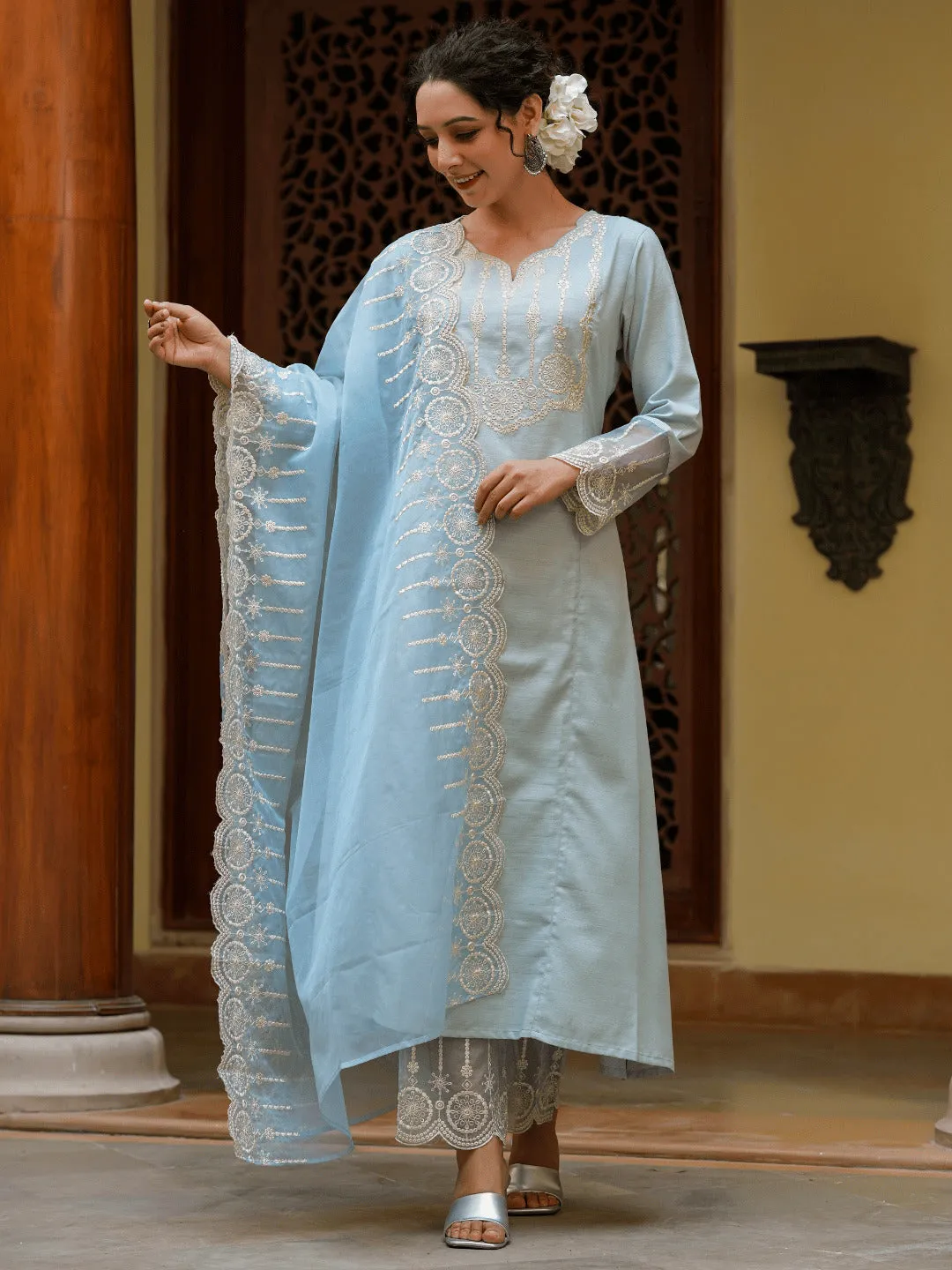 Women Blue Poly Silk Kurta Set With Dupatta