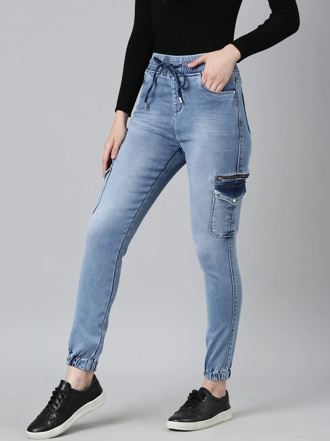 Women Blue Solid Jogger Denim Jeans