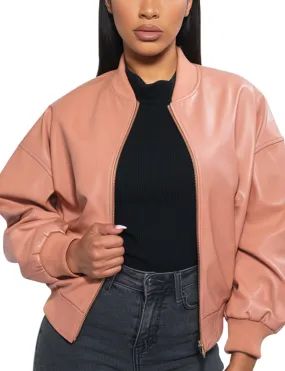 Women Blush Pink Leather Hazel Bomber Jacket