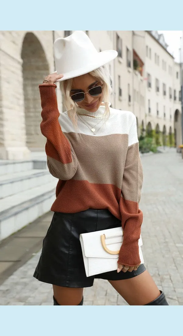 Women Color Block Tricolor Roll Hem Sweater