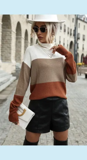 Women Color Block Tricolor Roll Hem Sweater